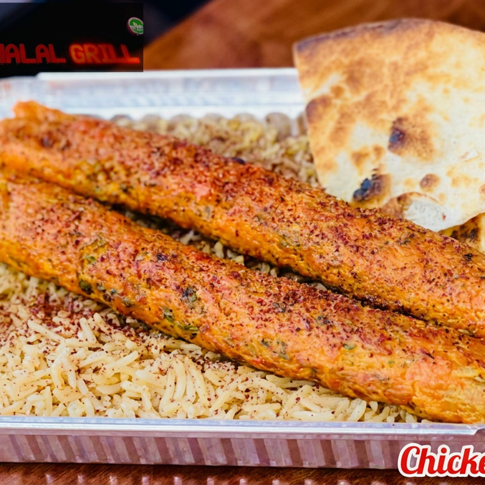 Chicken kofta served over seasoned rice with flatbread in a foil takeaway tray from Blaze Halal Grill.