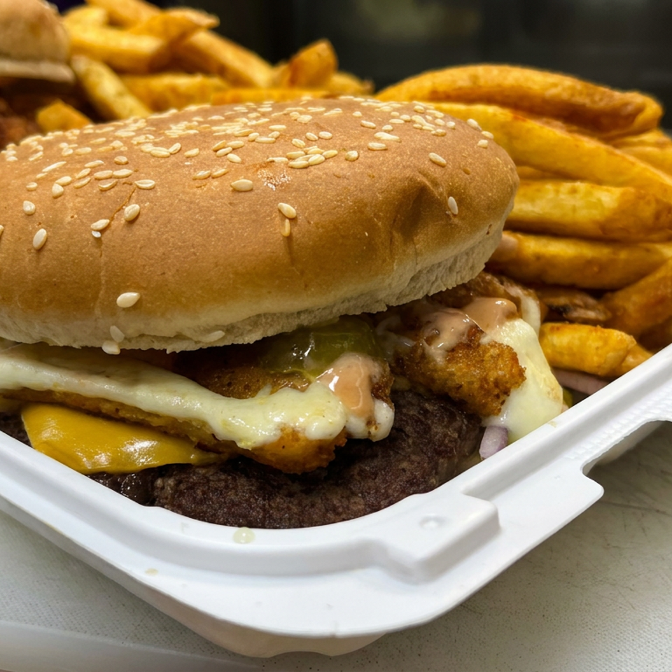 Cheeseburger topped with fried chicken, pickles, onions, and sauce in a takeout container with fries.